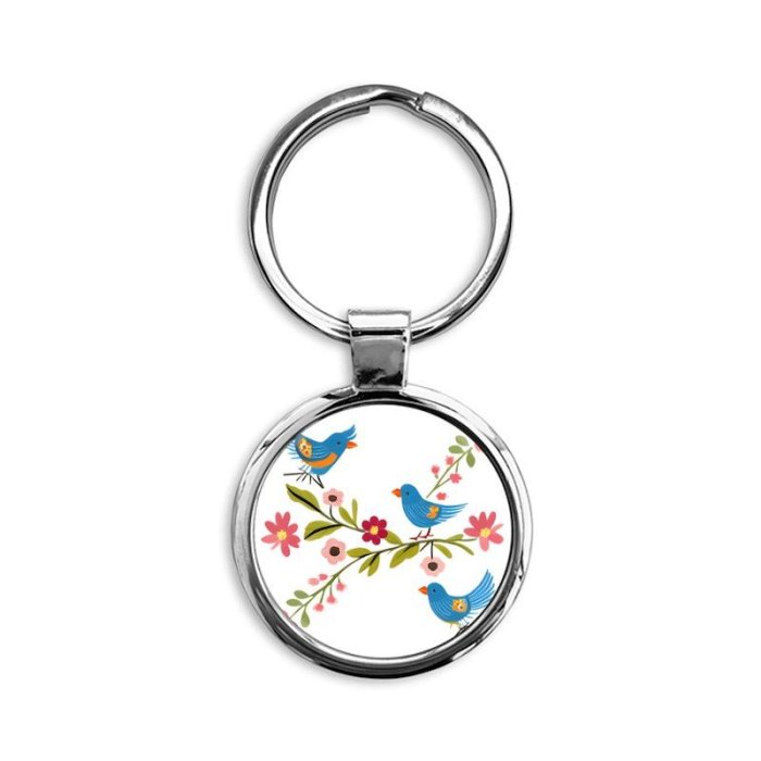 Blue Birds and Flowers Circle Keychain